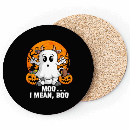Moo I Mean Boo Cow Pumpkin Head Ghost Halloween Coasters