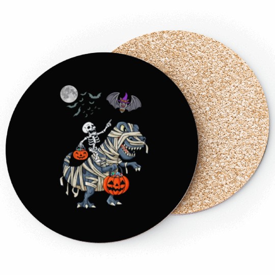 Funny Skeleton Riding Mummy dinosaur Halloween Coasters