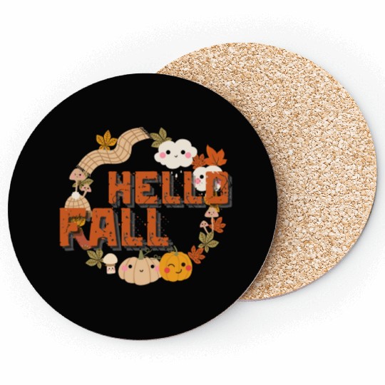 Hello Fall Cute Nature Autumn leaves Pumpkins Coasters