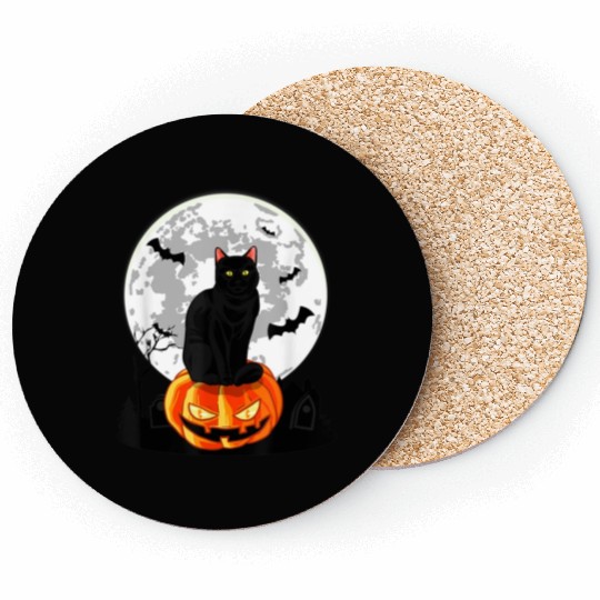 Black Cat On Pumpkin Coasters Full Moon Halloween