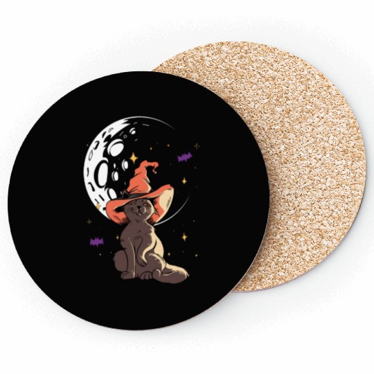 Witchy Cat On Moon For Halloween Trick Or Treat Coasters
