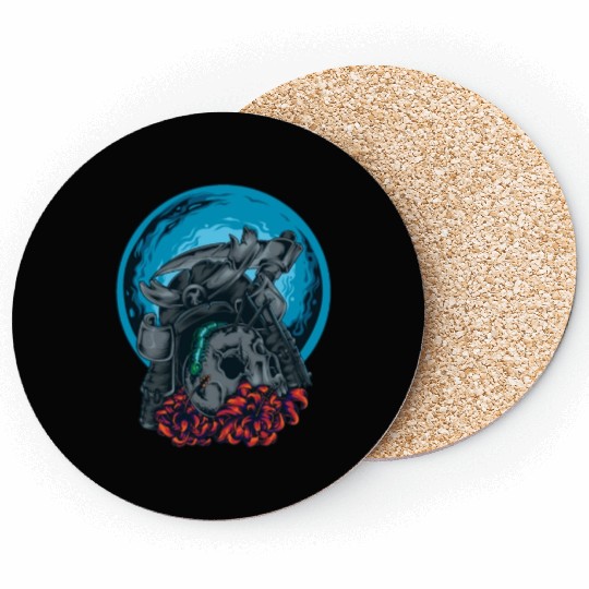 Death Skull Samurai Warrior Arrow Bug Moon Flowers Coasters