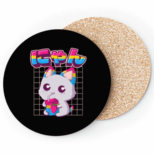 Pansexual Pride Kawaii Cat Strawberry Milk Pansexu Coasters