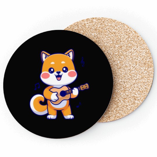 Cute Shiba Inu Dog Playing Guitar Coasters