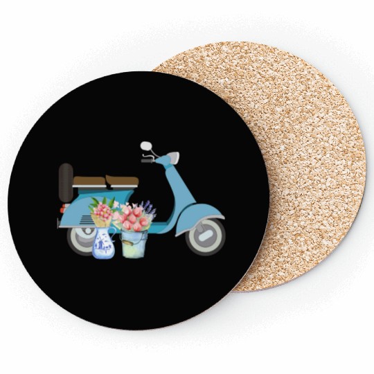 Blue Retro Scooter With Tulips Art Design Coasters