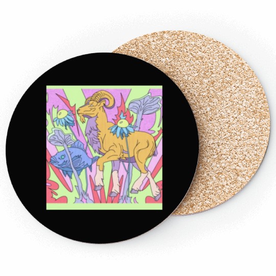 A goat and a fish in a fantasy garden Coasters