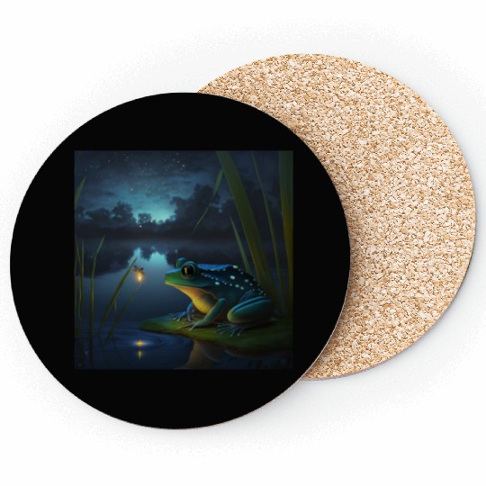 Frog and Firefly Friends on the Pond at Night Coasters