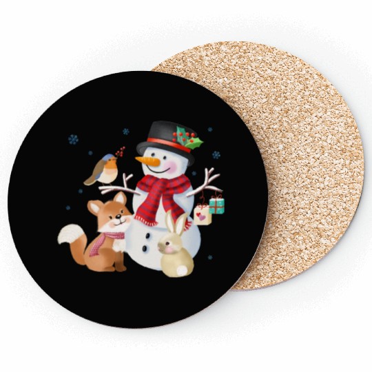 Snowman with fox, rabbit and robin Coasters