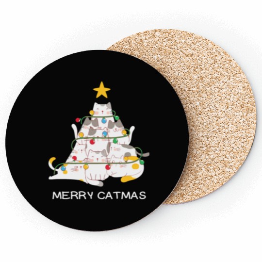 Meowy And Bright Christmas Tree Lights Funny Meowy Coasters