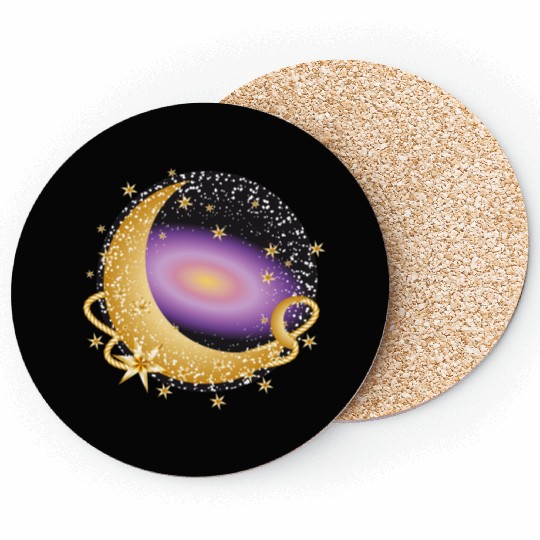 glowing violet galaxy with moon and stars Coasters