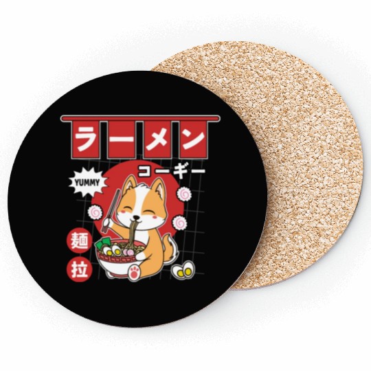 Japanese Corgi Eating Ramen Cute Kawaii Noodles Coasters