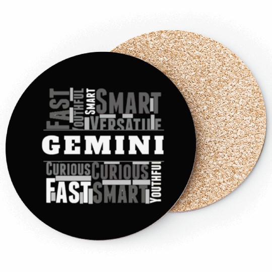 Gemini Zodiac Star Sign Word Cloud Square Monochro Coasters