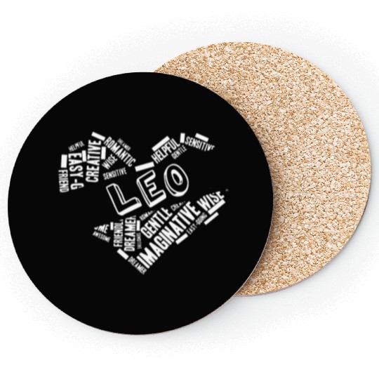 Leo Heart Word Cloud Doodle Astrology Zodiac Star Coasters