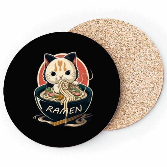 Cute Cat Eating Ramen Coasters