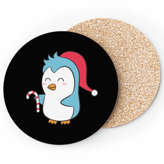 Cute Penguin with Christmas Hat and Candy Cane Coasters
