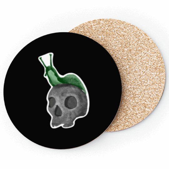 Green Snail on Skull Illustration Coasters