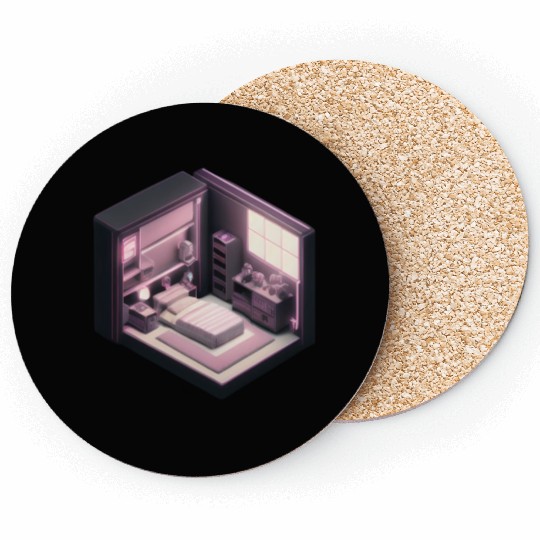 Isometric Voxel Bedroom - Synthwave Future Render Coasters