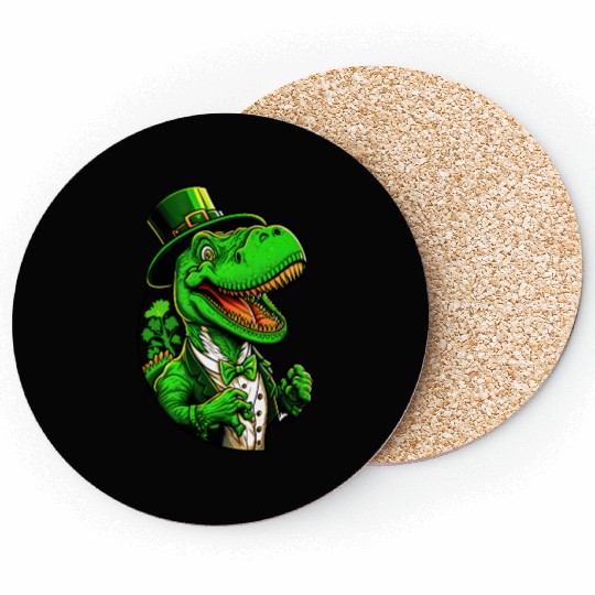 St Patricks Day T-rex Dinosaur With Top Hat Coasters