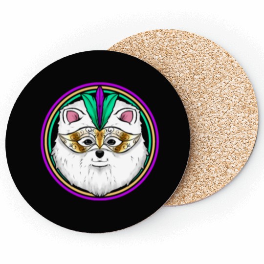 Pomeranian Or Samoyed Dog With Mask For Mardi Gras Coasters