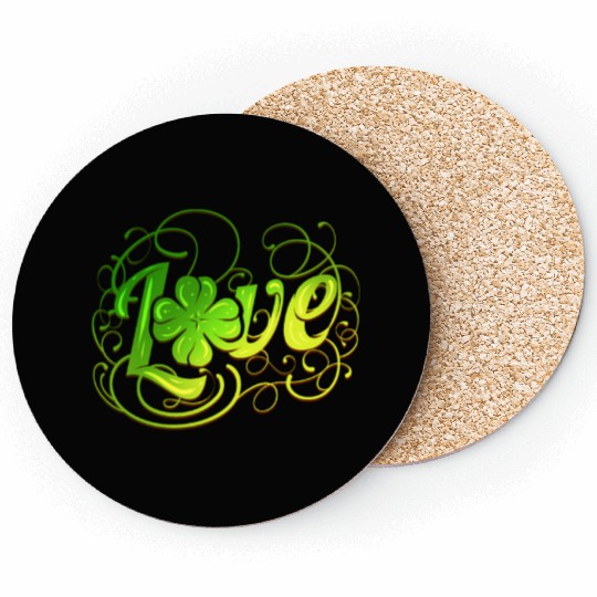 Green Love Logo With A Four Leaf Clover For St Coasters