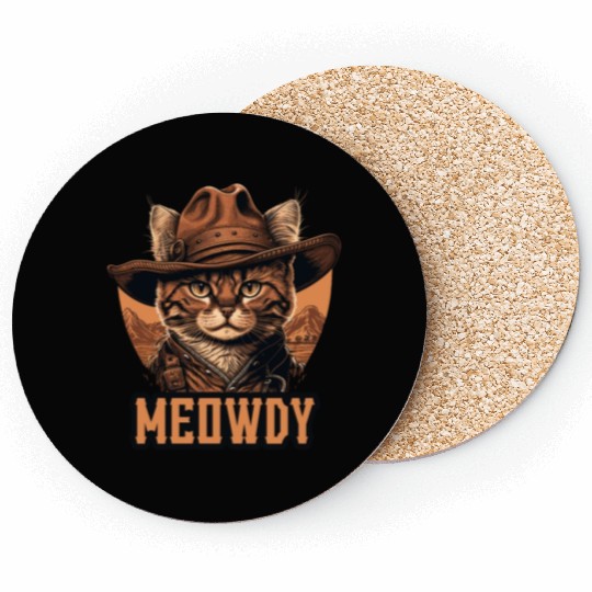 Meowdy - Funny Mashup Between Meow and Howdy - Cat Coasters