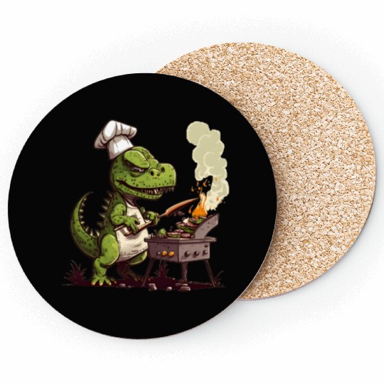 Baby Dinosaur Using A Charcoal Grill Cooking Meat Coasters