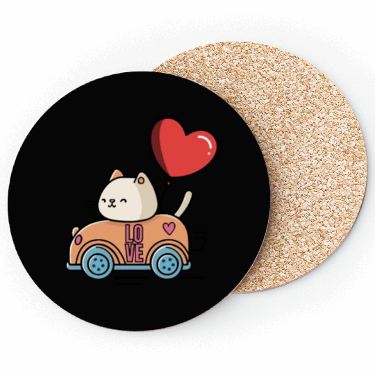 Cute cat in the love car, and love balloon Coasters