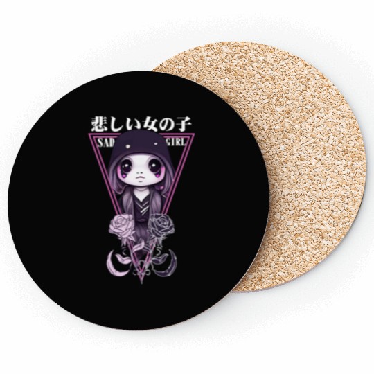 Kawaii Sad Girl Chibi Japanese Gothic Pastel Goth Coasters
