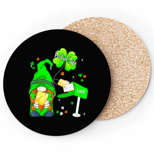 Funny Postal Worker Life Gnome Shamrock St Patrick Coasters