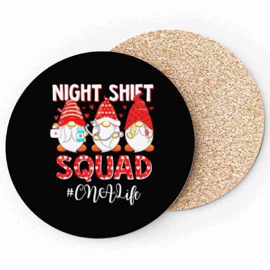 Funny Gnome Night Shift Squad CNA Life Nurse Valen Coasters