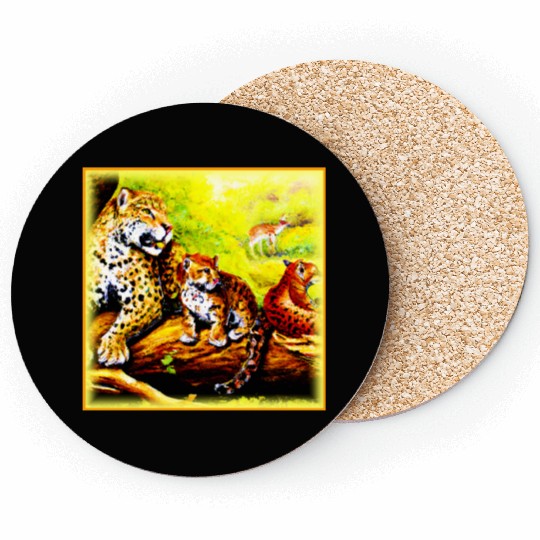 Jaguar Mom and Cubs Relaxing in Jungle. Buy Now Coasters