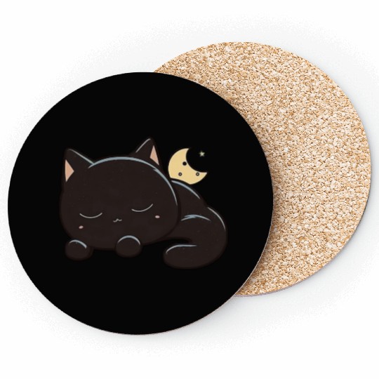 Black kawaii Sleeping cat Coasters