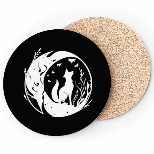 Pretty Cute Tattoo Style Fox In The Moon Coasters