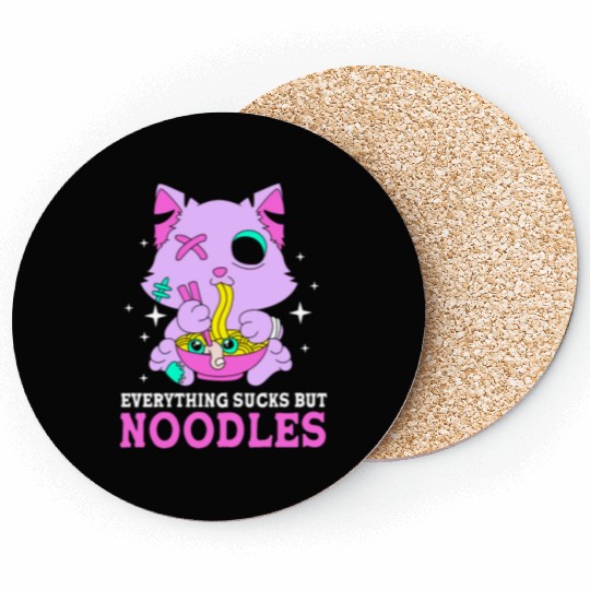 Pastel Goth Cat Ramen Everything Sucks But Noodles Coasters