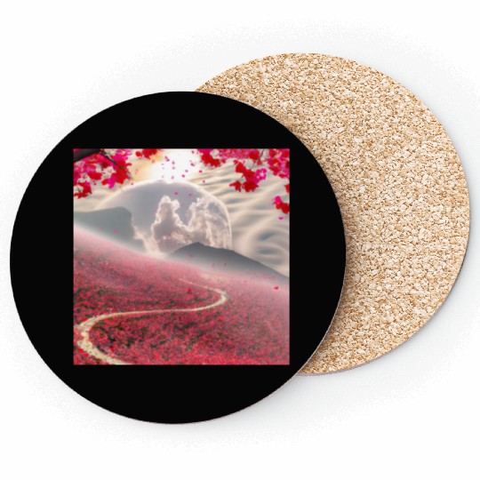 Misty Mountain Cherry Blossom Landscape Coasters
