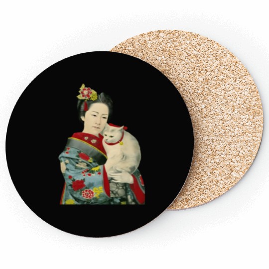 Geisha Cat Kimono Japanese Vintage Art Coasters