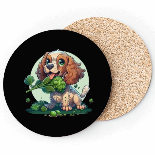 Cute dog eats green broccoli vegetables Coasters