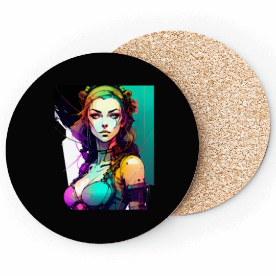 Technicolor Dreams Cyberpunk Girl in Vibrant Hues Coasters