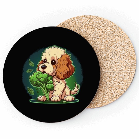 Cute dog eats green broccoli vegetables Coasters