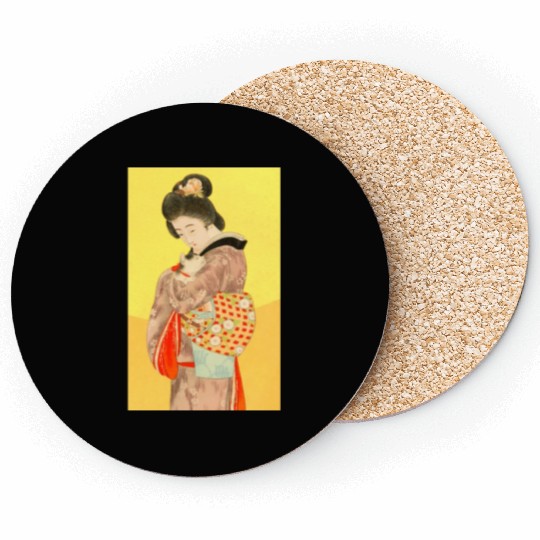 Geisha in Kimono with Cat Retro art Coasters