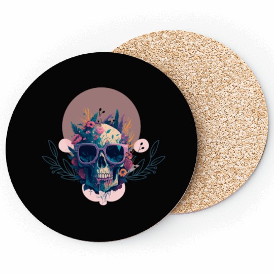 Dead Skull with Gothic floral rose flower gift Coasters
