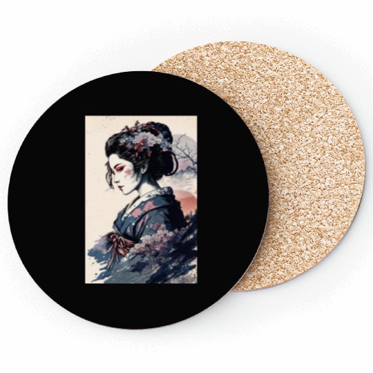 Geisha Watercolor Sea Waves Asian Art Woman Coasters
