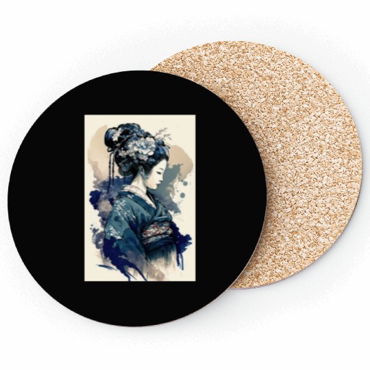 Geisha Watercolor Sea Waves Asian Art Woman Poster Coasters