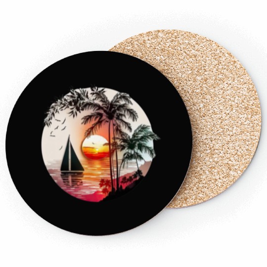 Beach Sunset Sailboat Palm Trees Ocean Vacation 4 Coasters