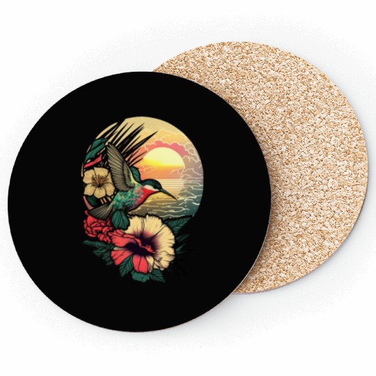 Hummingbird flies over hibiscus flower Tropical Coasters