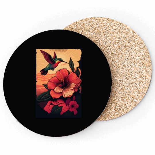 Hummingbird flies over hibiscus flower Tropical Coasters