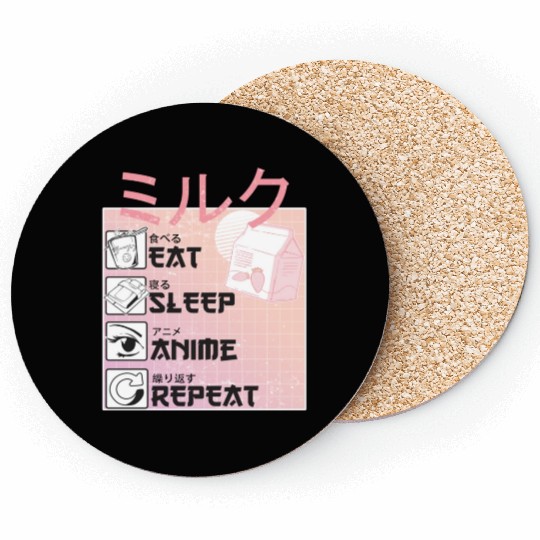 Eat Sleep Anime Repeat Straweberry Milk Japanese Coasters