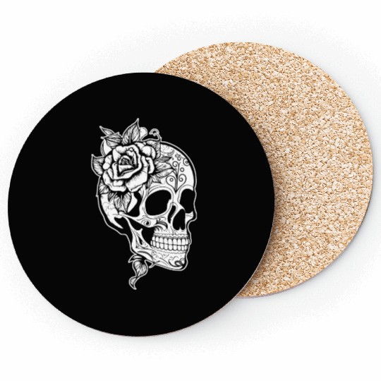 Skull Dia de los Muertos Halloween Tattoo Rose Coasters