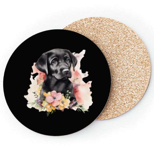 Black Lab Dog Watercolor Floral Coasters
