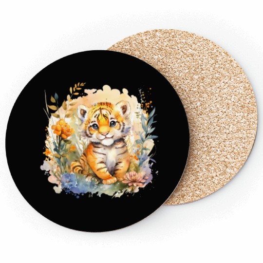 Baby Tiger Safari Animal Watercolor Floral Coasters